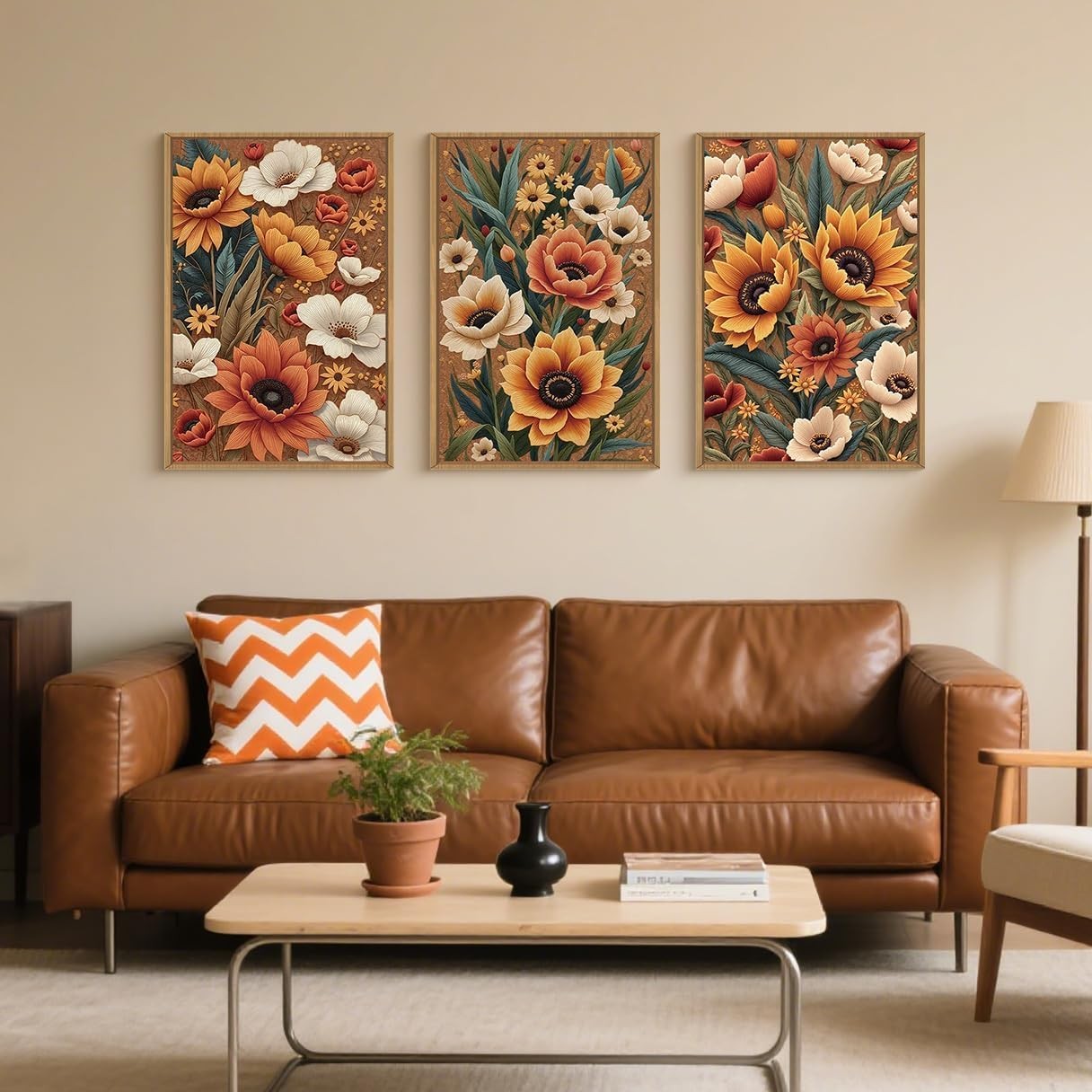 Boho Floral Framed Canvas Wall Art Set 3 Botanical Prints Home Decor