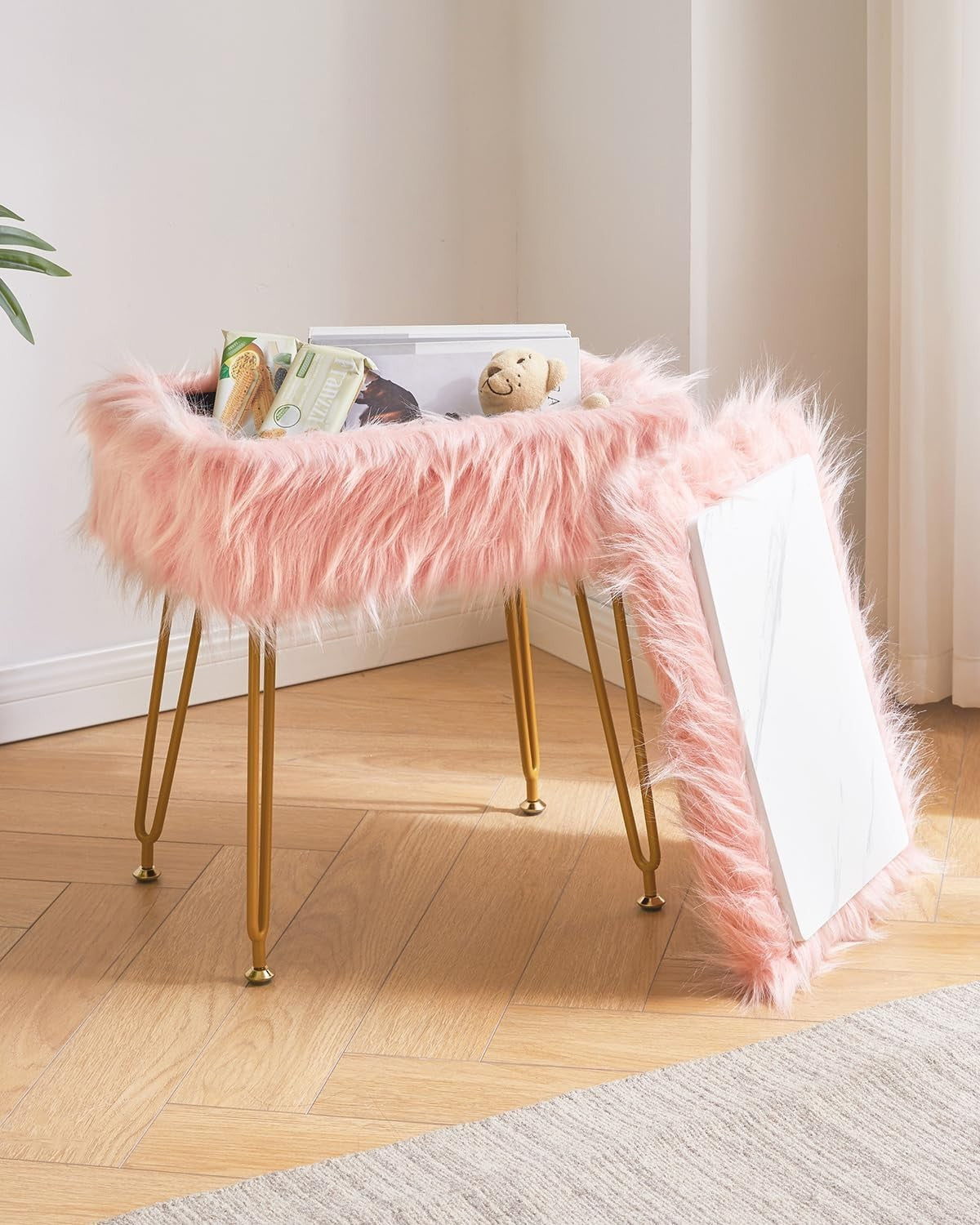 Pink Rectangular Faux Fur Vanity Stool with Storage and Gold Metal Legs