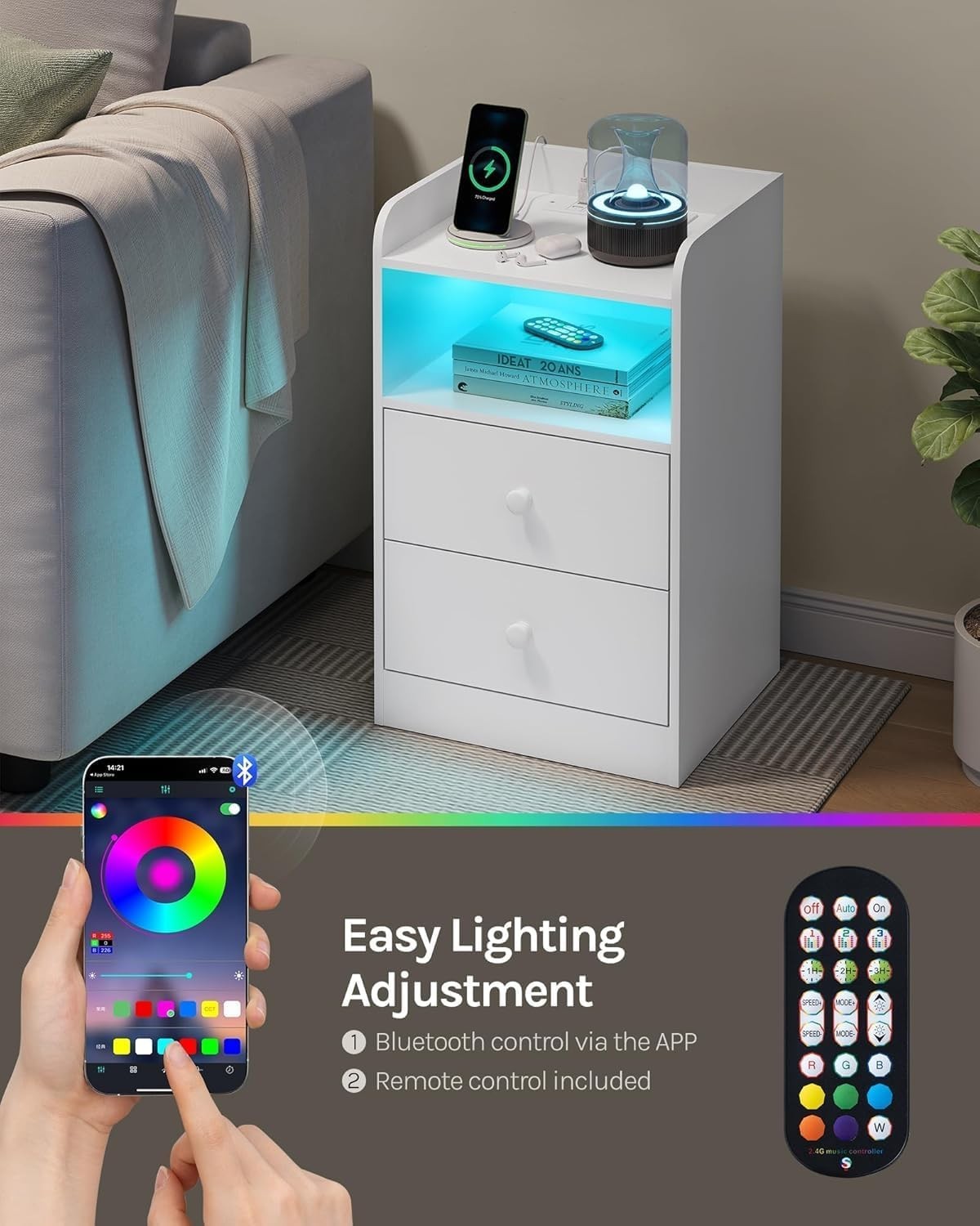 Set of 2 Smart Bedside Tables with USB Ports, LED Lights & 2 Drawers, White