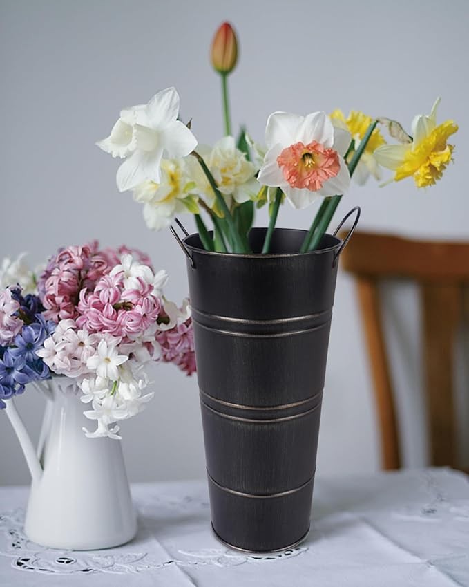 12 Inch Black Galvanized Metal Flower Vases Set of 6 Rustic Bucket Planters