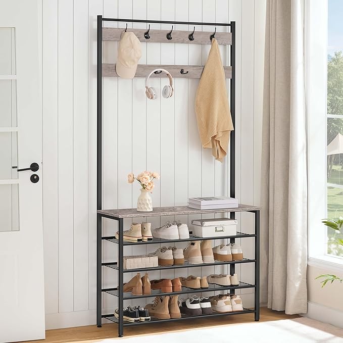 Industrial Coat Rack with Shoe Bench & 9 Hooks | Greige Hall Tree Organizer for