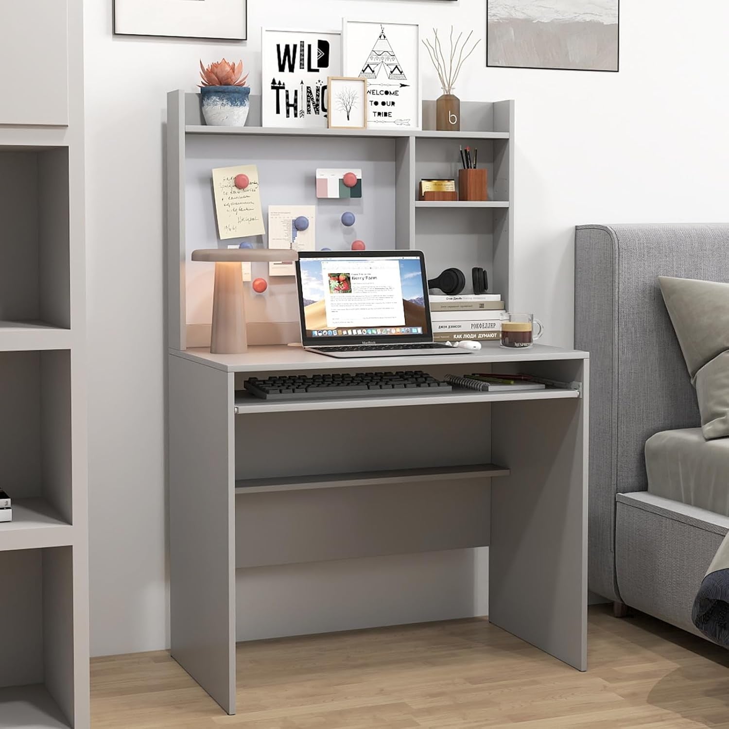 Computer Desk with Hutch Storage Keyboard Tray Study Workstation Grey