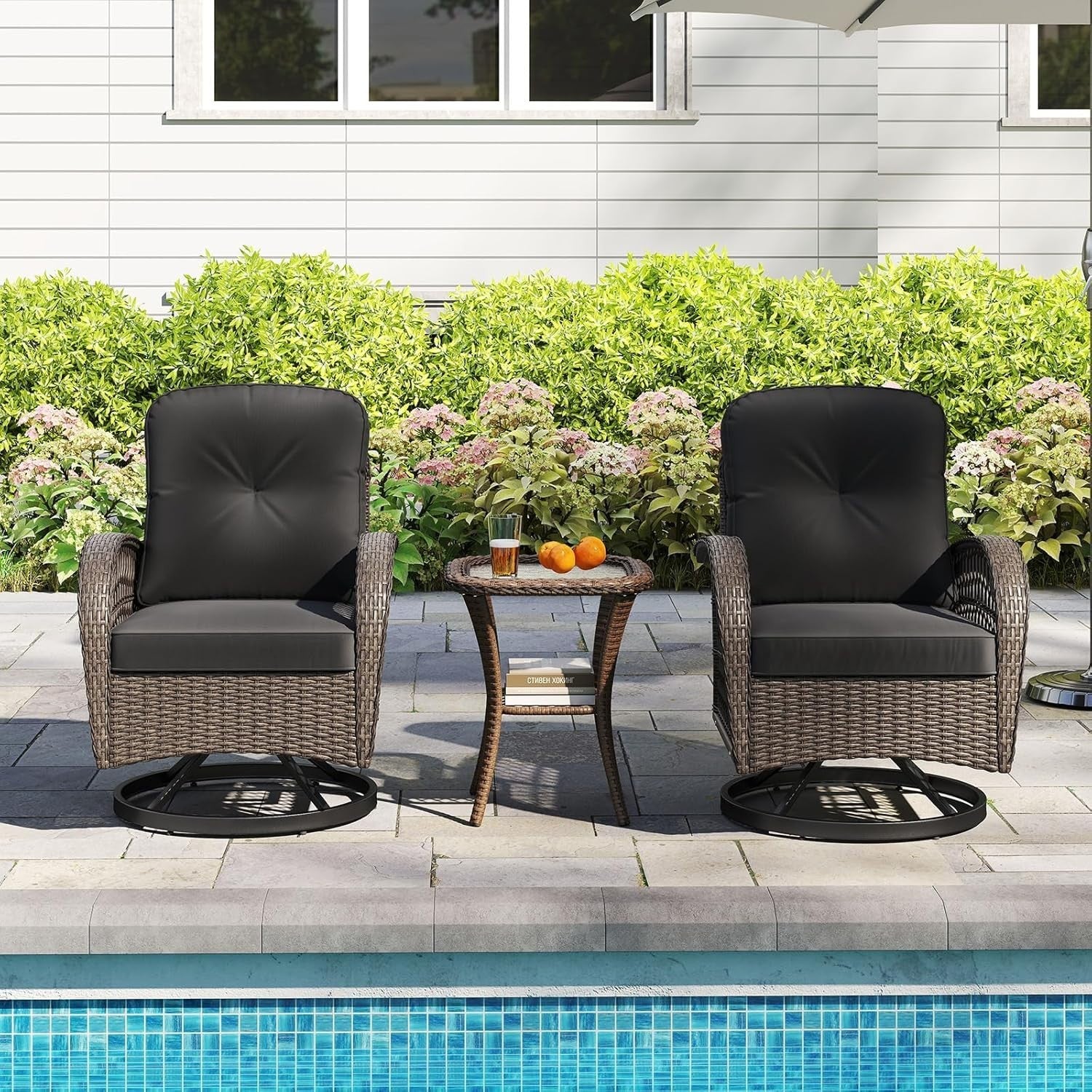 3pc Rattan Bistro Set Garden Swivel Rocking Chairs & Glass Table Outdoor