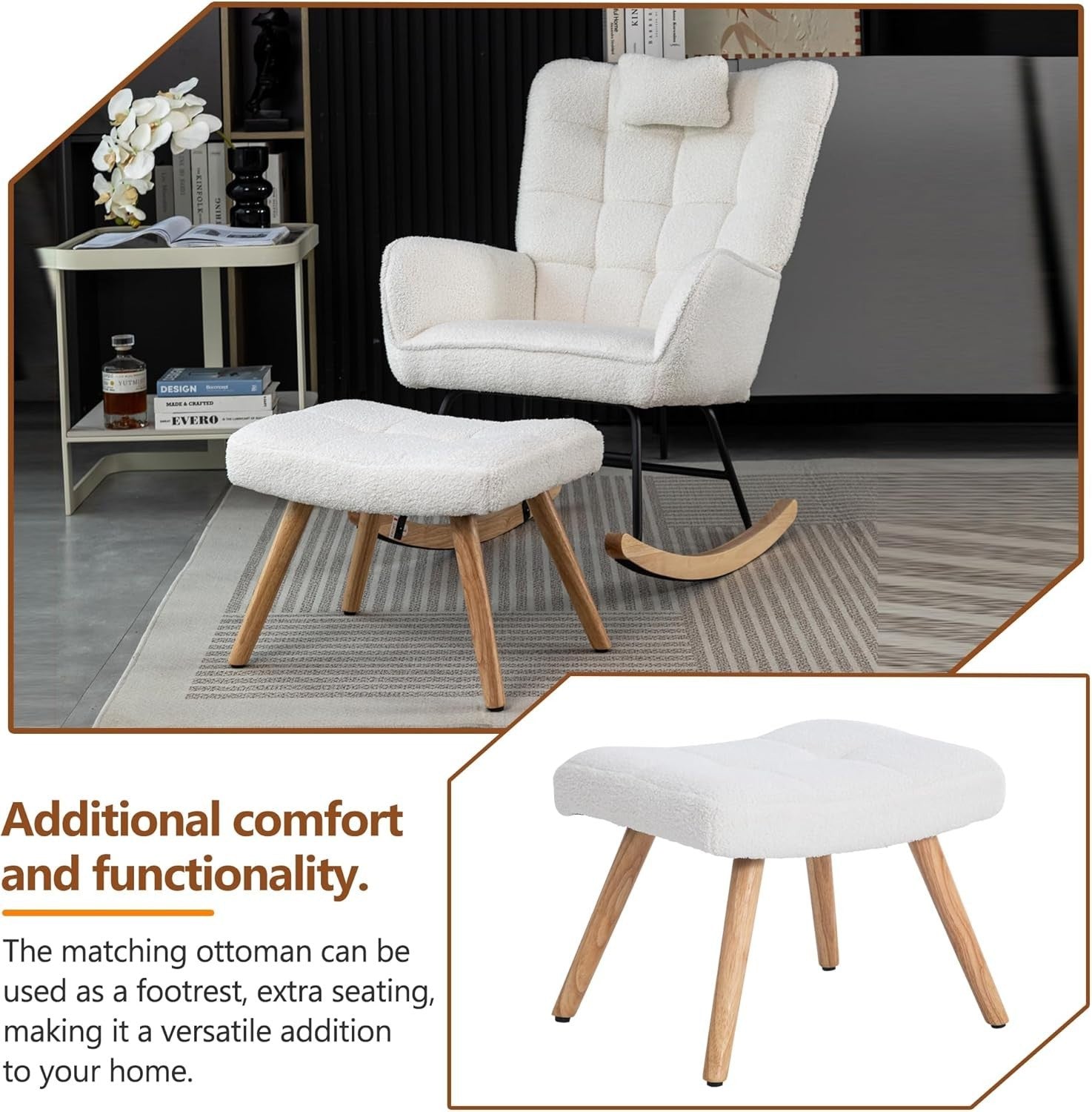 Rocking Chair with Footstool, Adjustable Recliner, Durable Wood Frame, Cozy Loun