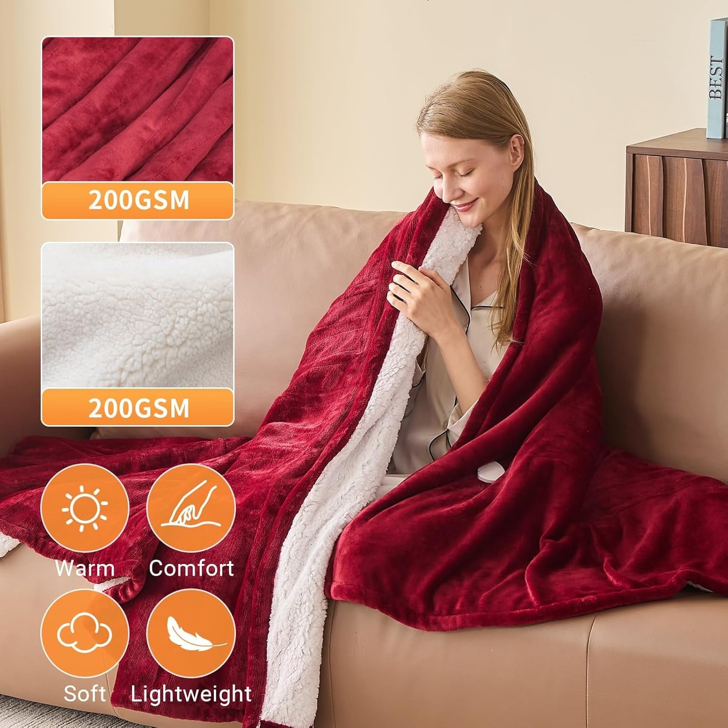 Electric Heated Blanket 180x200cm Sherpa Fleece 10 Heat Settings Timer
