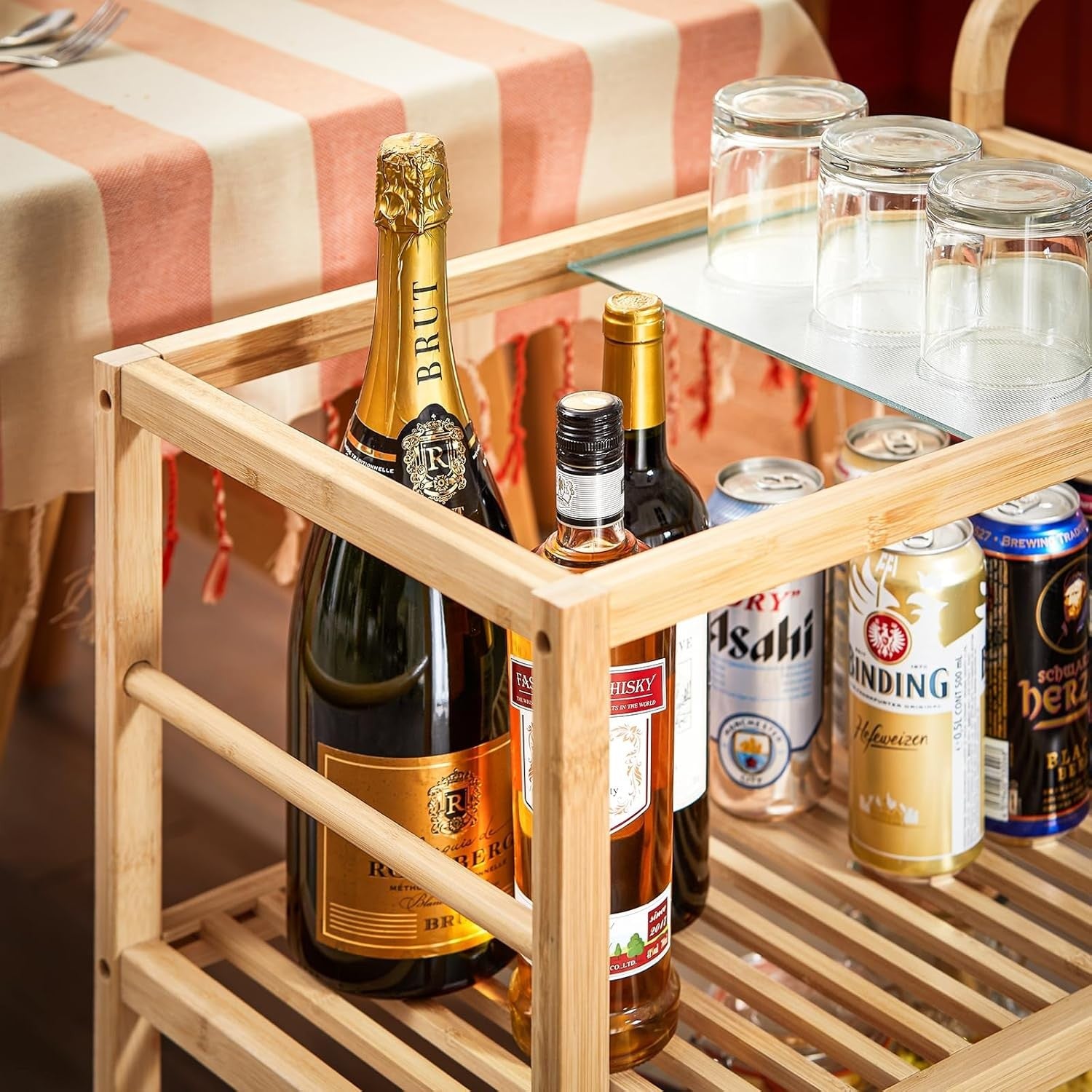 3 Tier Kitchen Trolley Cart Bamboo Storage Shelves Glass Top Wheels