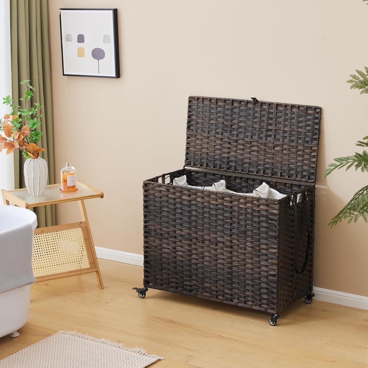 200L Rattan Laundry Hamper with Wheels Lid 3-Section Removable Bags Brown