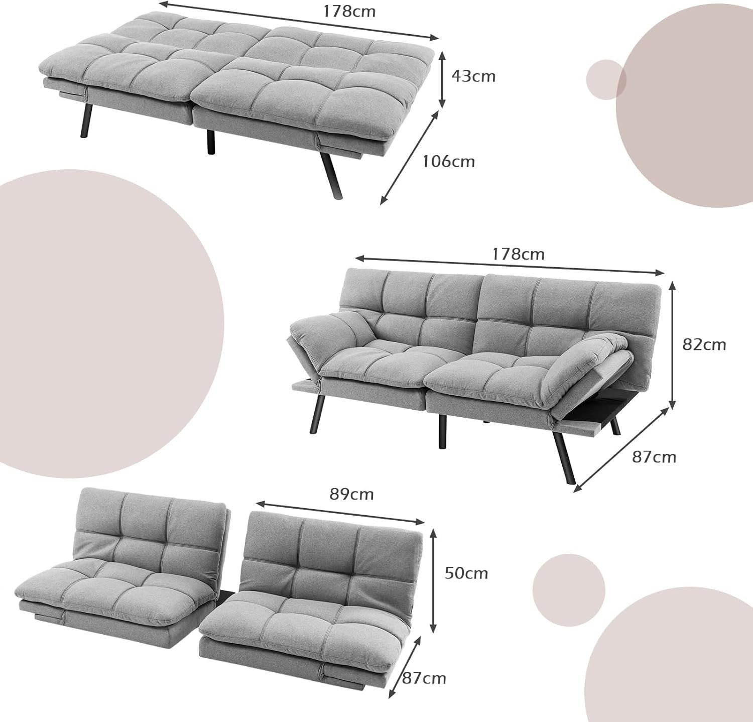 Grey Linen 2/3 Seater Sofa Bed Click Clack Recliner Adjustable Armrests