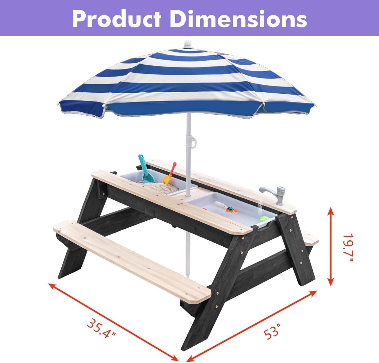 Kids 3in1 Sand & Water Activity Table Wooden Outdoor Picnic Table w/ Umbrella
