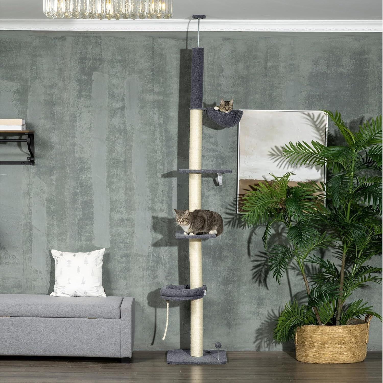 Floor to Ceiling Cat Tree 5 Tier Adjustable Climbing Tower with Hammock