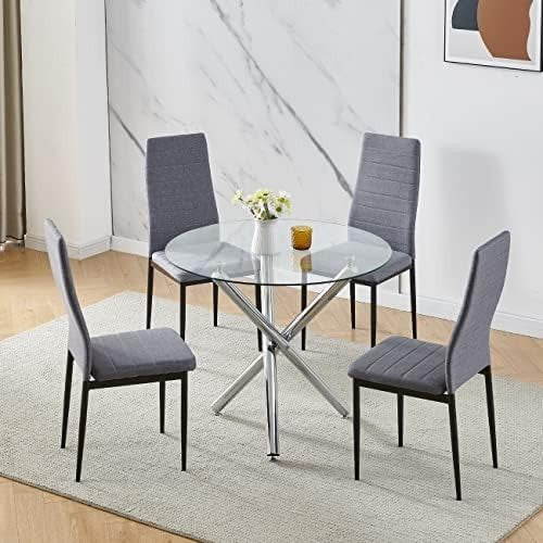 Round Glass Dining Table Set with 4 Grey Linen Chairs Modern Small Space