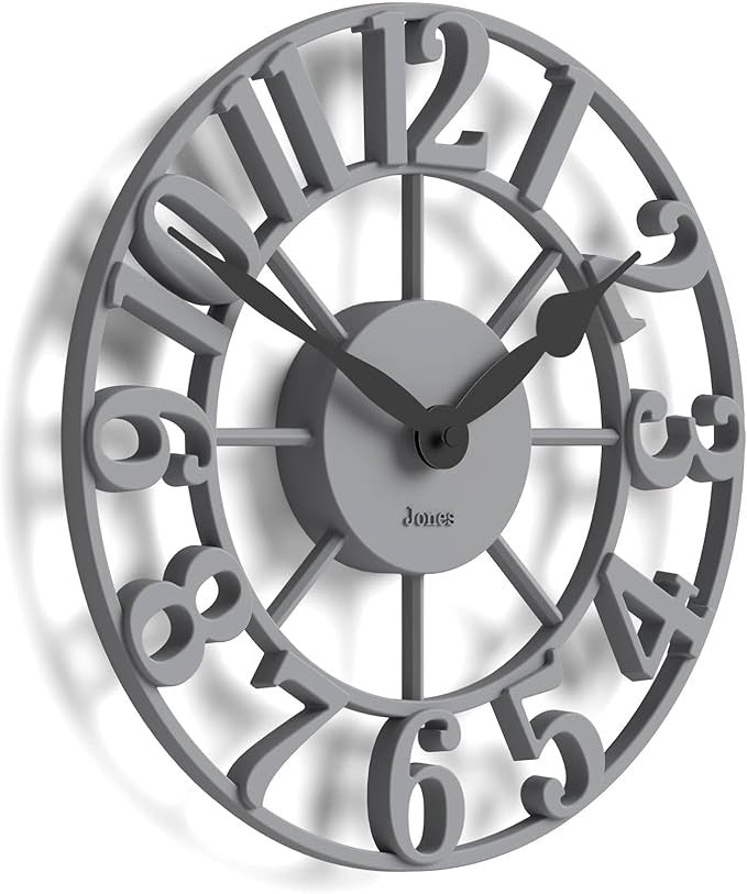 Grey 30cm Skeleton Wall Clock Silent Modern Raised Numerals Metal Home Decor