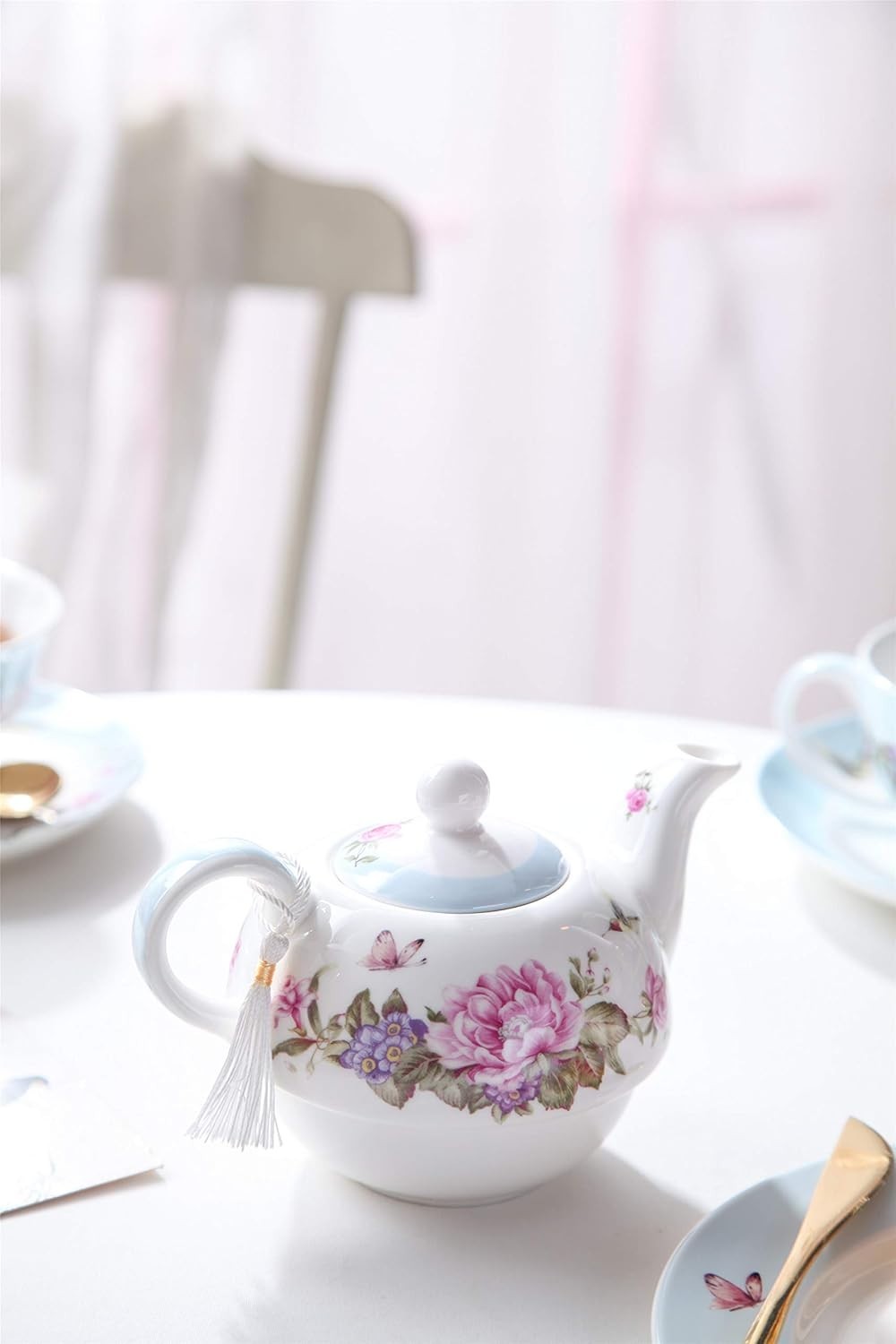 Tea For One Teapot Cup Saucer Set Blue Floral Bird Rose Gift Box
