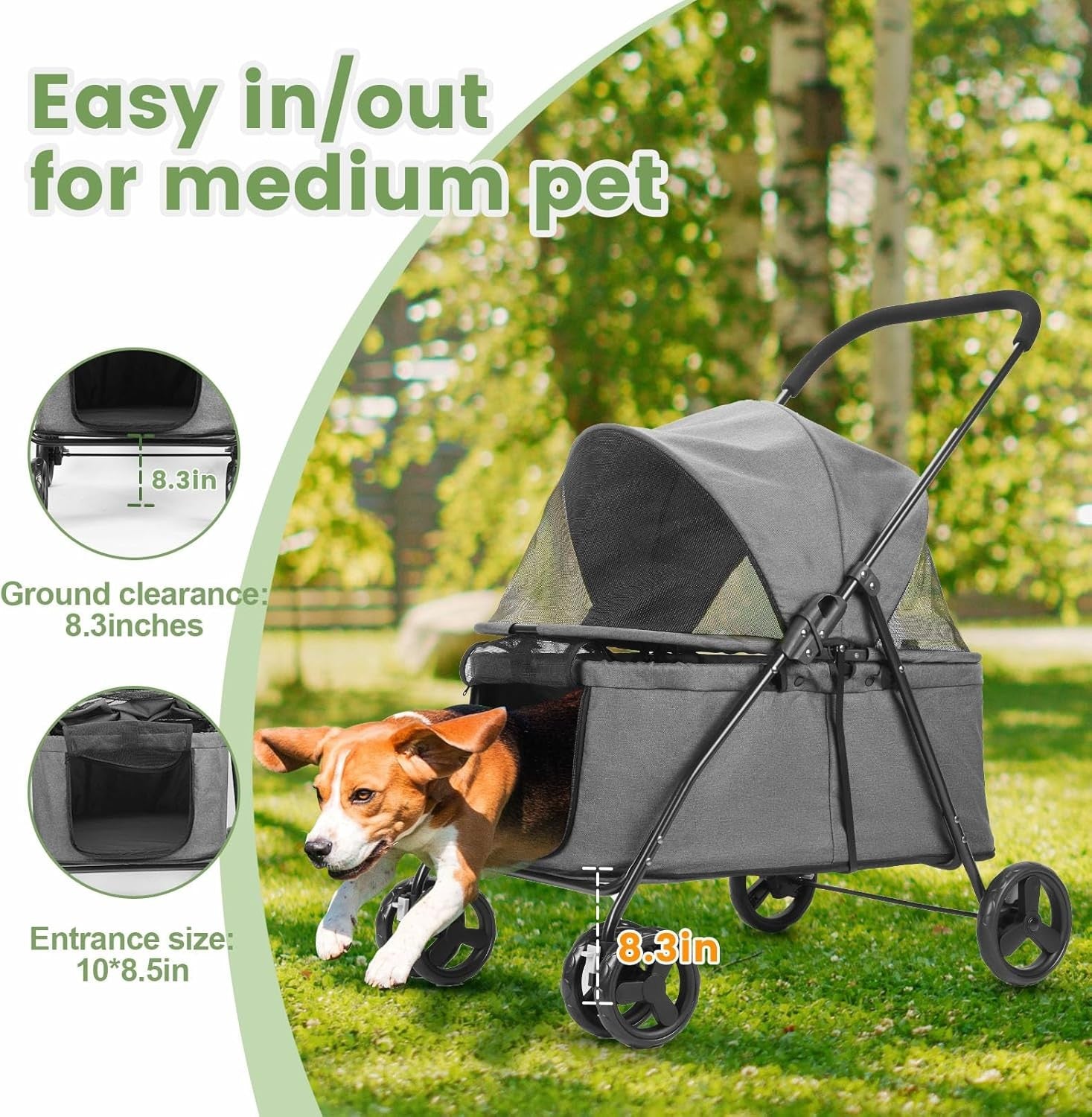 Dark Grey Dog Stroller 4 Wheel Heavy Duty Foldable Jogger Pram Small Medium