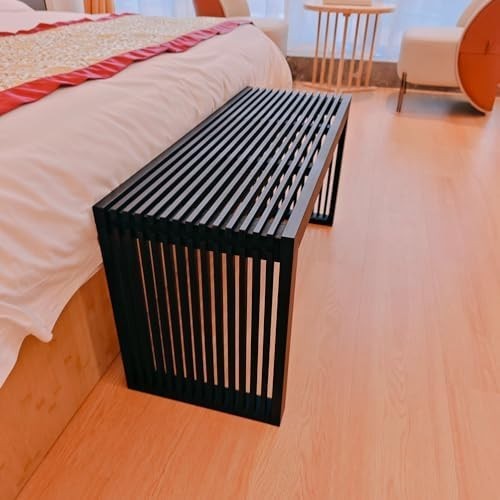 Modern Black Wooden Slatted Bench Sleek Indoor Seating Storage Entryway Décor