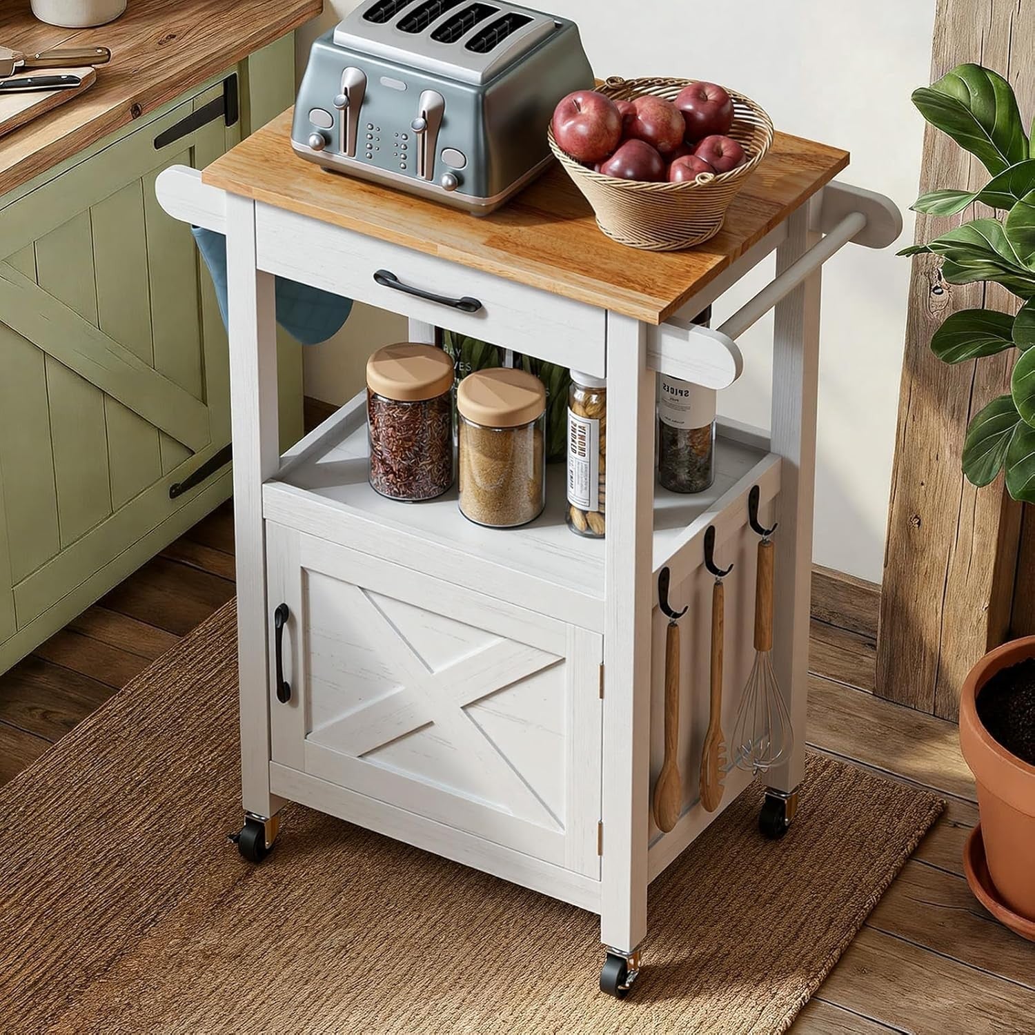 Kitchen Island Trolley on Wheels Storage Cabinet with Drawer Towel Rail