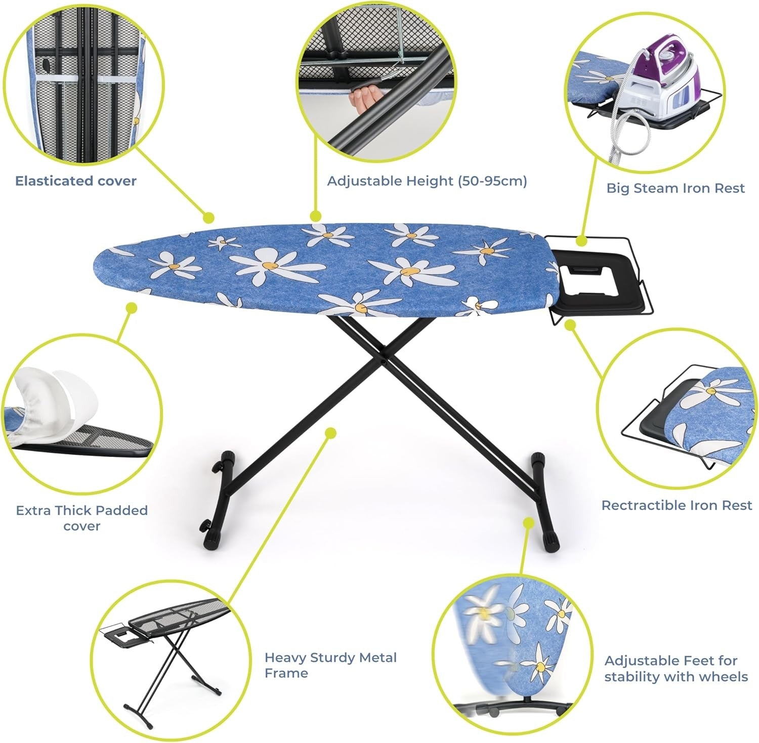 Extra Wide Ironing Board 130x50cm Heavy Duty Adjustable Height Stable