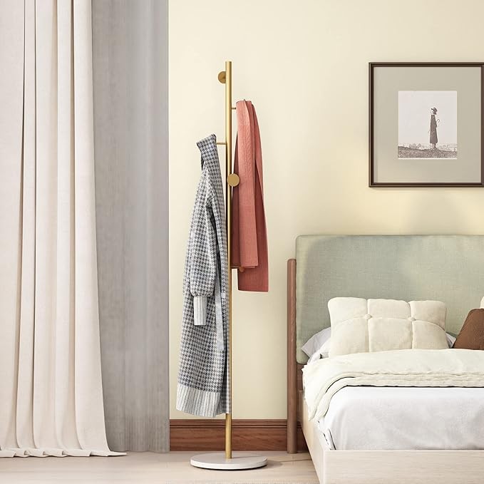 Gold Metal Coat Rack with Marble Base | Freestanding Hall Tree for Clothes & Bag