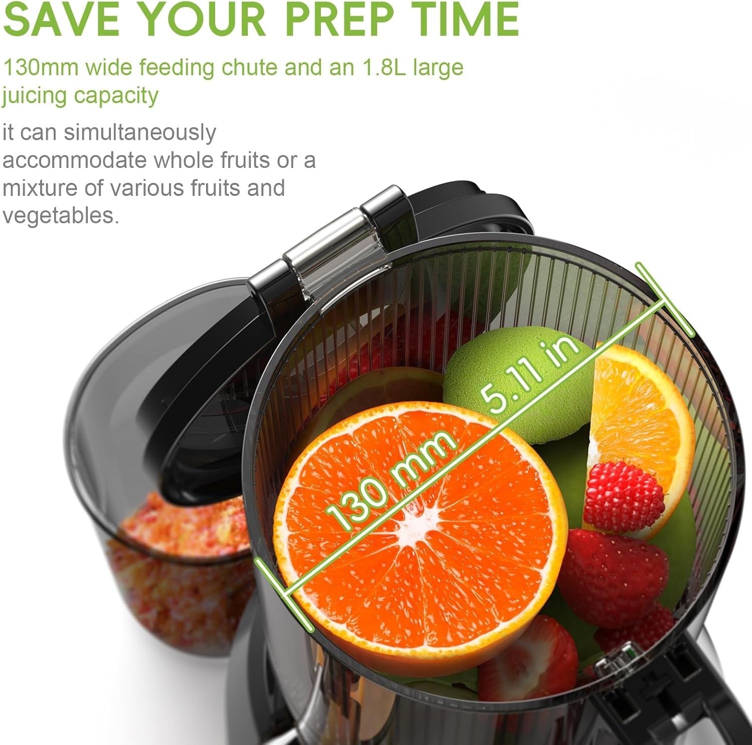 Cold Press Juicer 130mm Wide Feed Chute Whole Fruit High Yield 250W