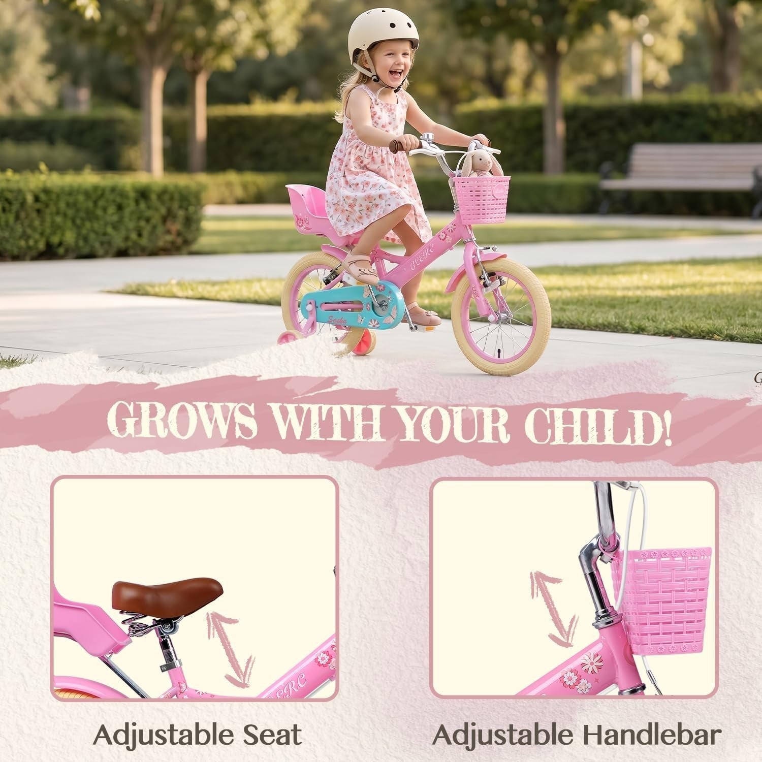 16 Inch Girls Kids Bike with Stabilisers Basket Doll Seat Pink Age 4-8