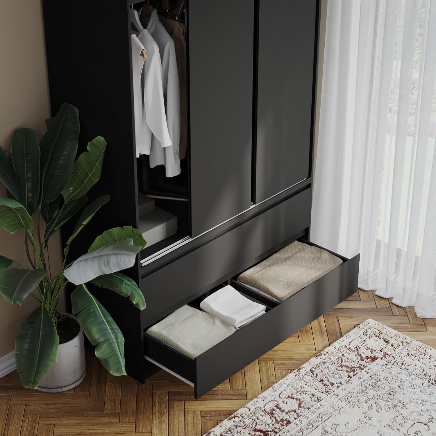 Black 6 Door Sliding Wardrobe with Drawers 240cm Modern Closet Storage