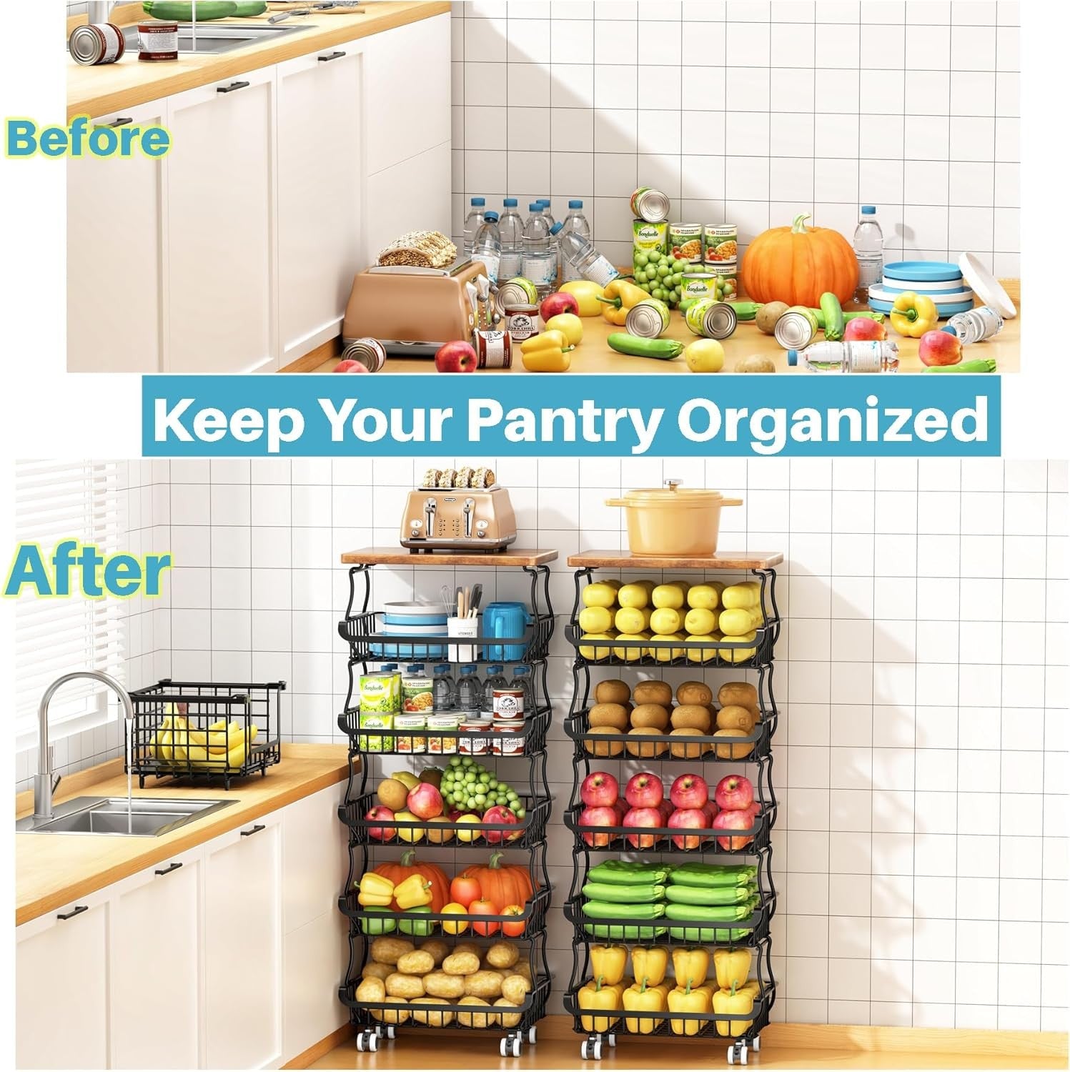 6 Tier Pantry Organiser Storage Cart Rolling Metal Fruit Basket Trolley