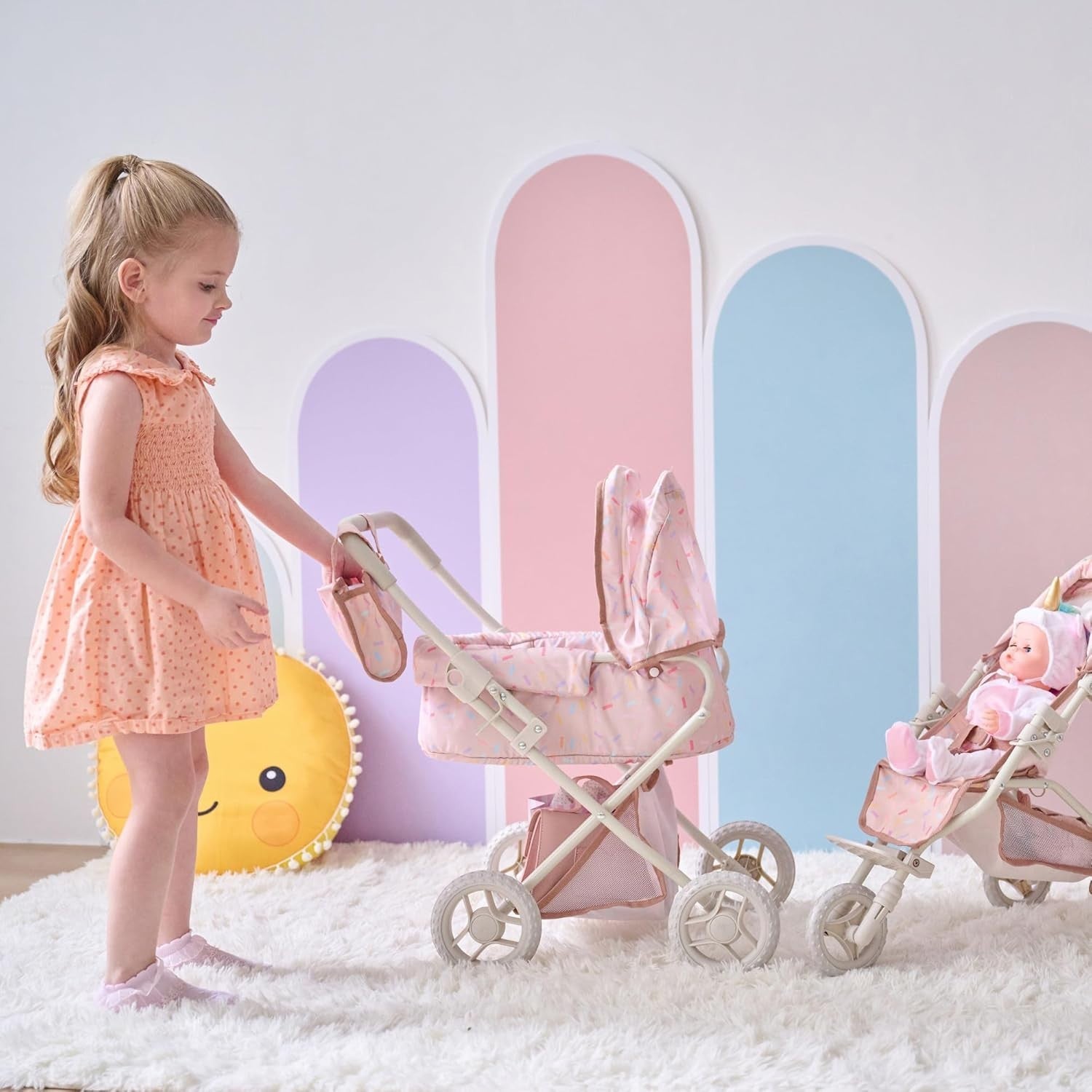 Pink Doll Pram 2-in-1 Stroller with Carry Bassinet Canopy Bag