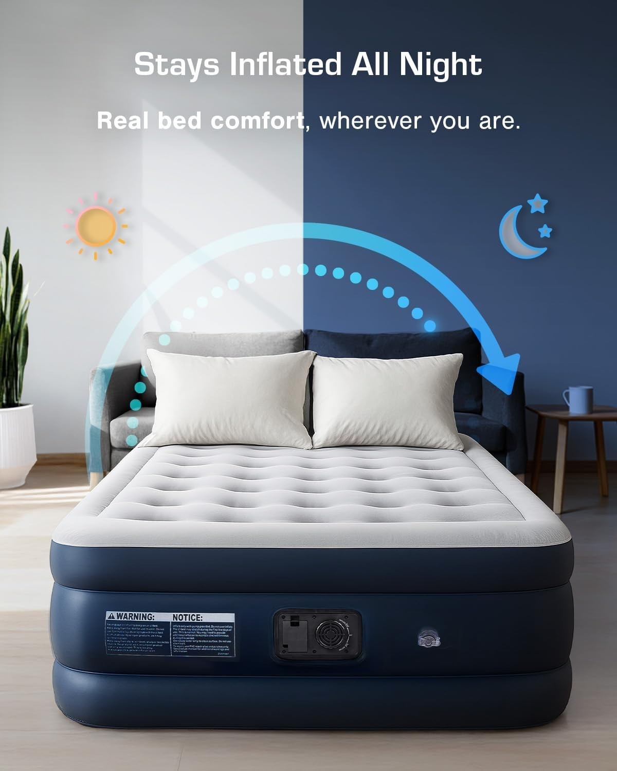Double Inflatable Air Bed Built In Pump Raised Flocked Mattress Guest Camping