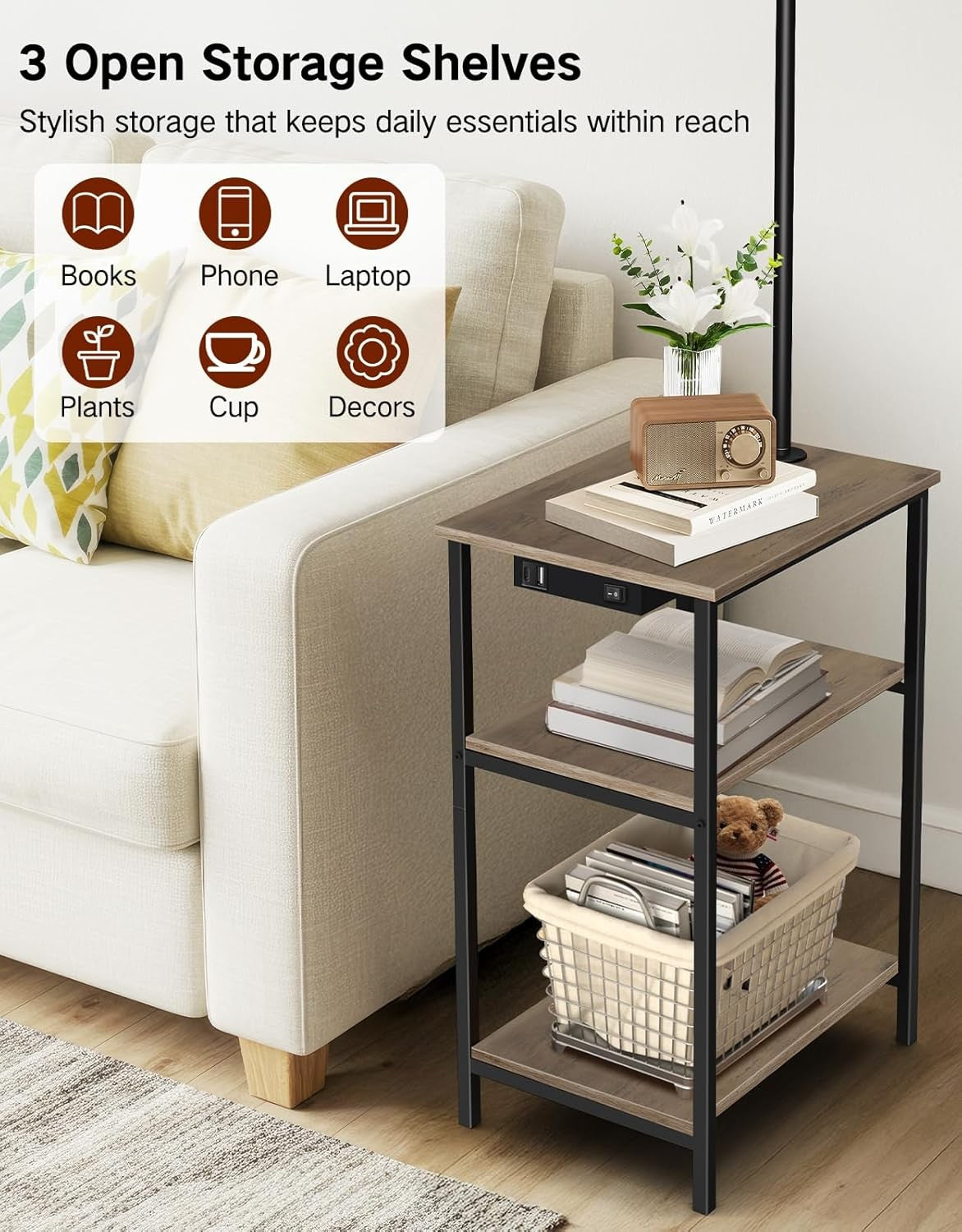Floor Lamp with Table & Remote, Dimmable LED, USB Charging, Grey