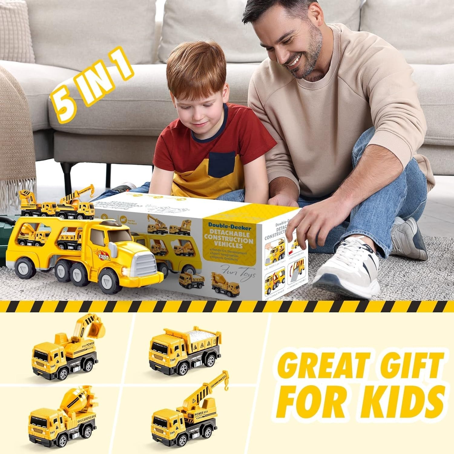 Construction Toy Truck Set for Boys Age 2-6, 5-in-1 Digger Vehicle Gift