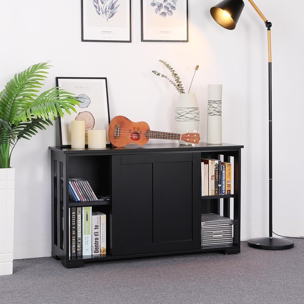 Set of 2 Black Sideboard Buffet Cabinets | Sliding Door Storage Units with Shelv