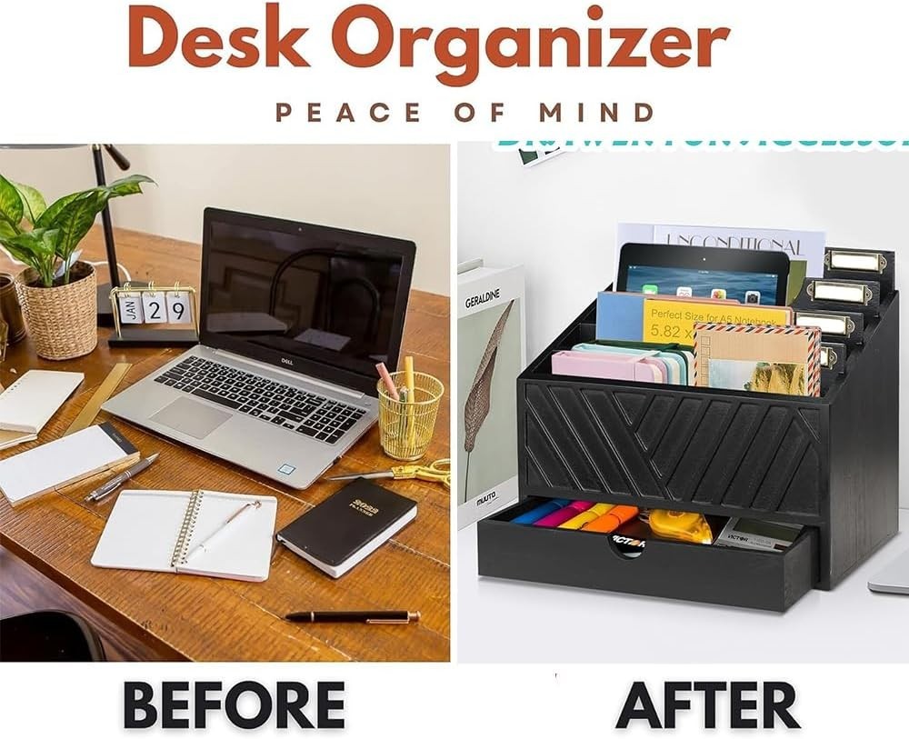 Wooden Desk Organizer Mail Sorter with Drawer | File Holder & Storage Box
