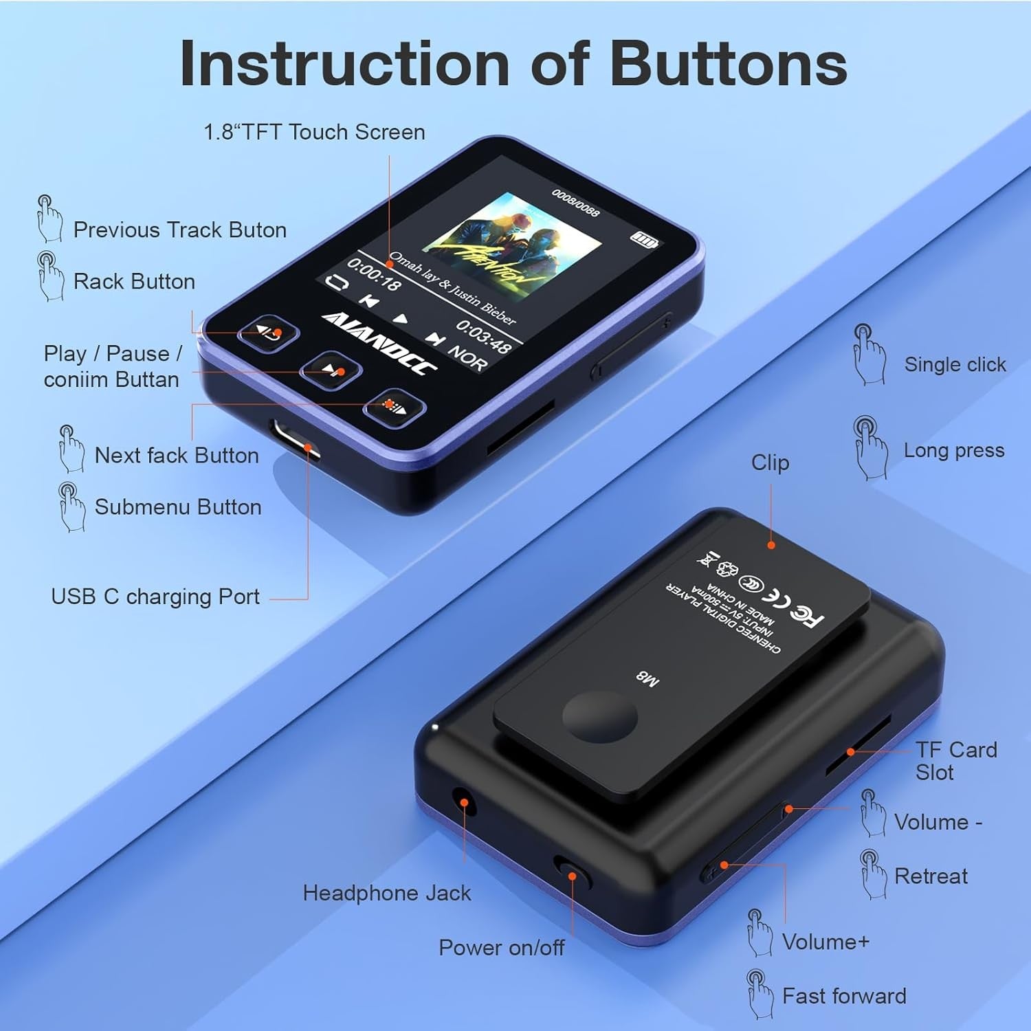 32GB MP3 Player Bluetooth Sports Clip with Armband & Earphones – Purple