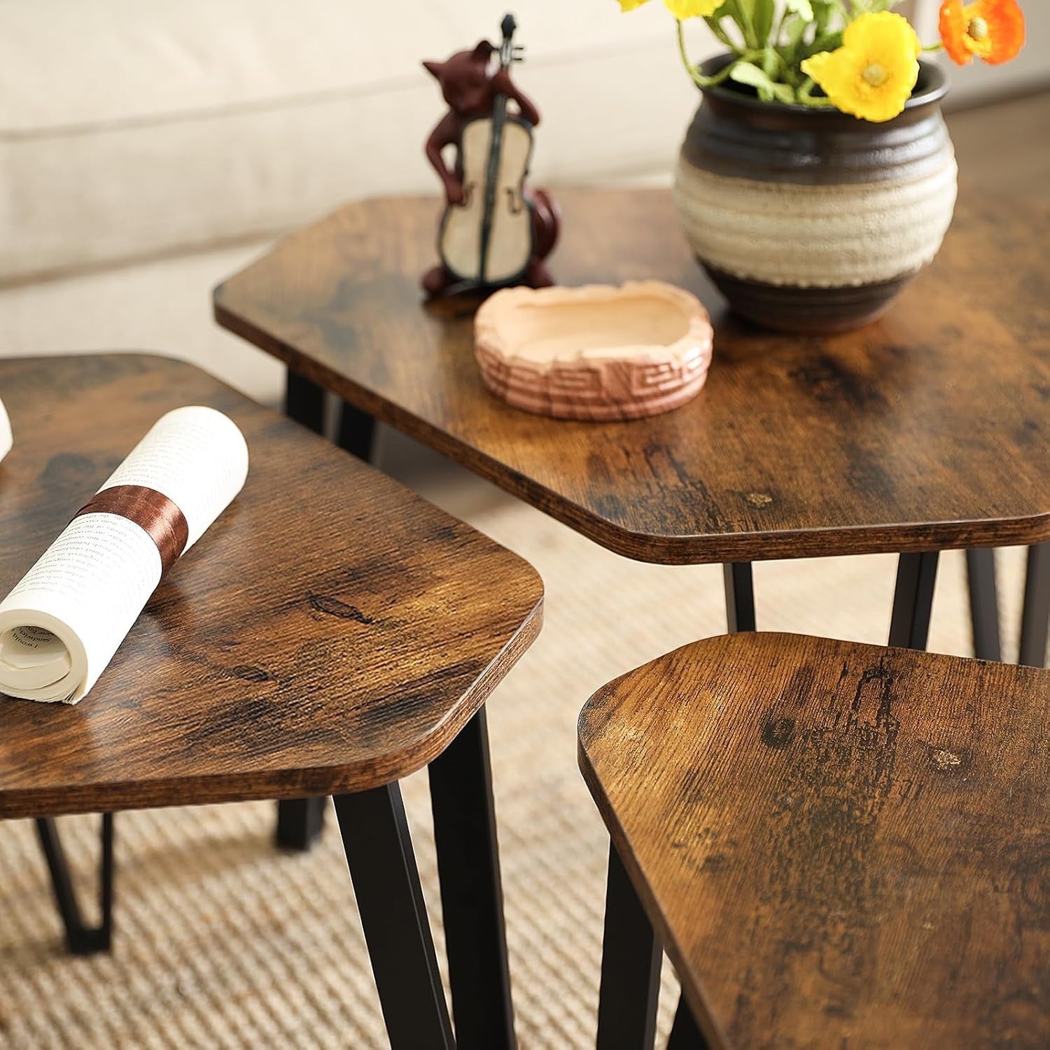 3pc Nesting Coffee Tables Set 51.9cm Industrial Side End Table Rustic Brown