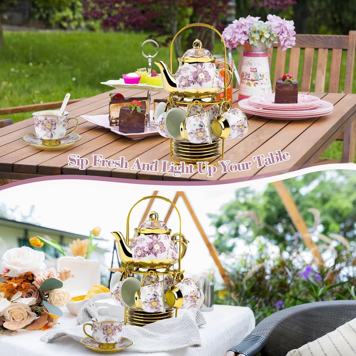 20Pc Purple Porcelain Tea Set Gold Floral Teapot Cups Saucers Stand