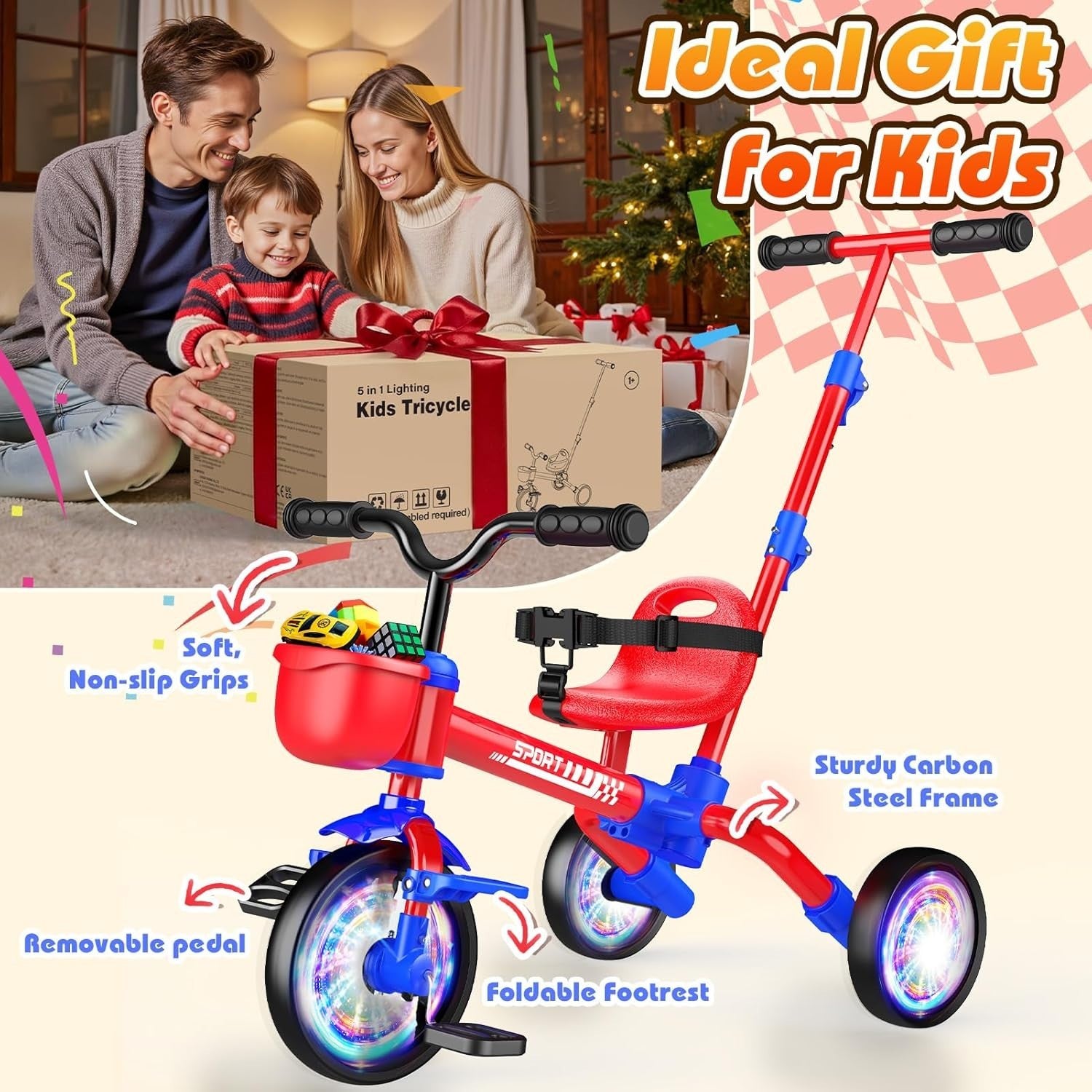 5 in 1 Toddler Tricycle Balance Bike Push Handle Adjustable Seat