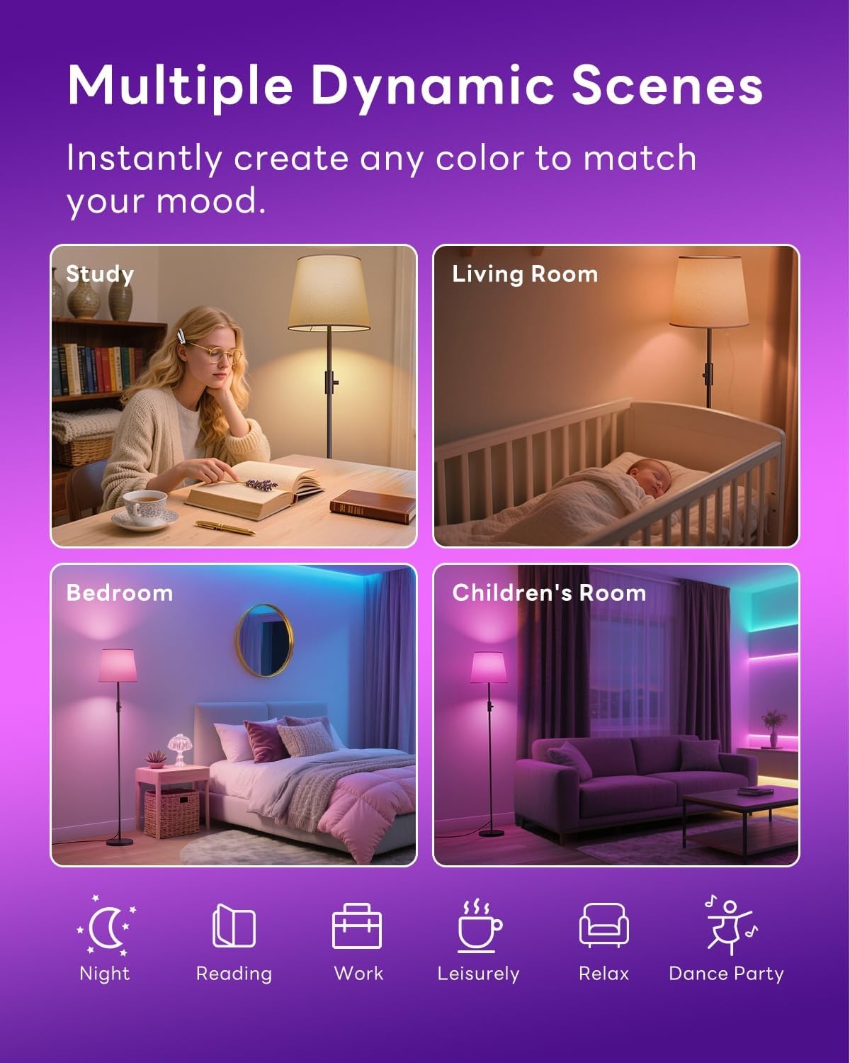 Dimmable LED Floor Lamp RGB Colour Changing Remote Control Tall Reading Light