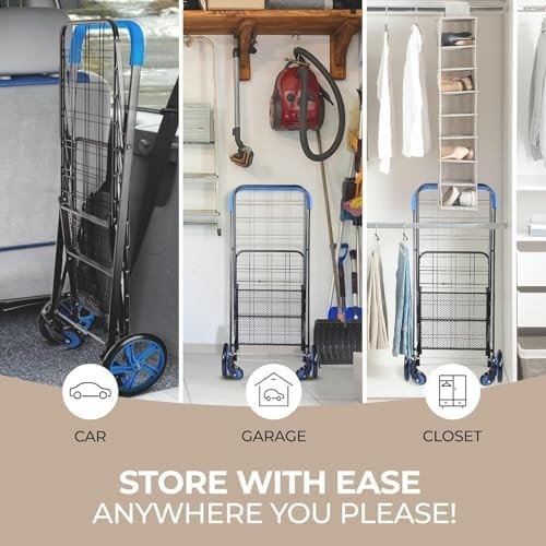 Compact Foldable Shopping Trolley Cart 32kg Capacity 360° Swivel Wheels – Blue