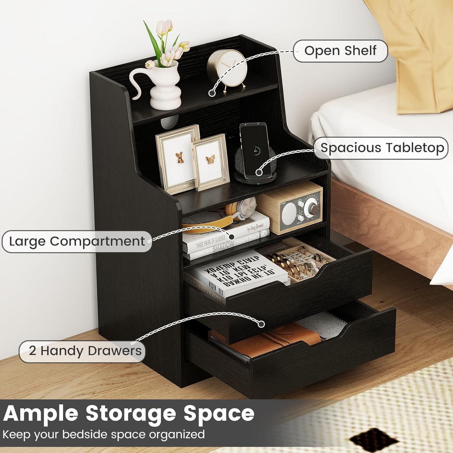 Black LED Bedside Tables with Charging Station, Drawers & RGB Display Shelves