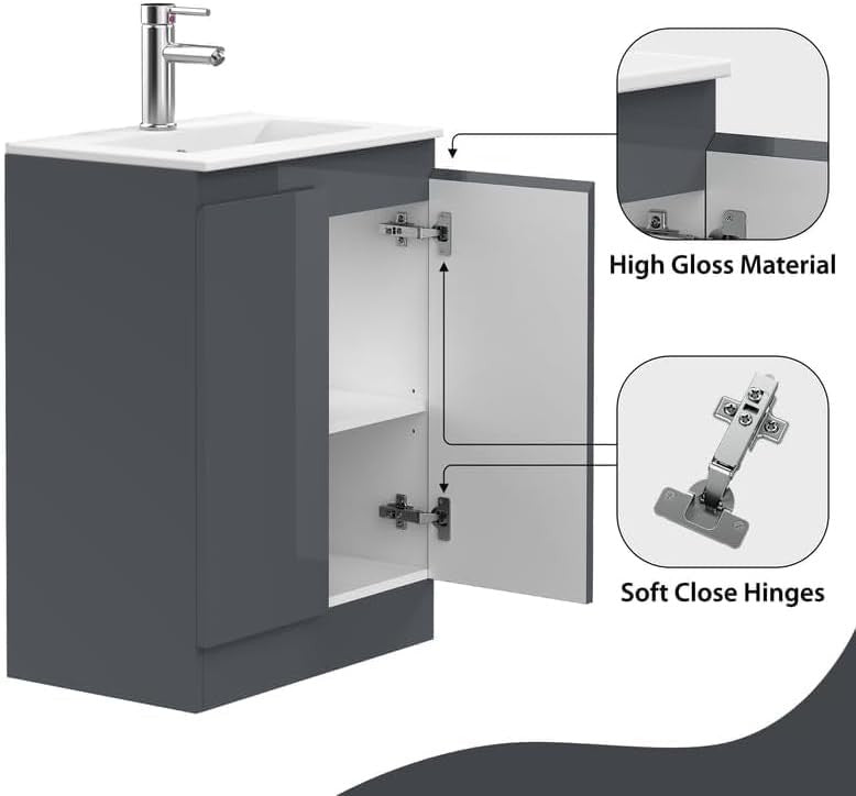 600mm Grey Bathroom Vanity Unit with Basin Cupboard Floor Standing Sink Cabinet