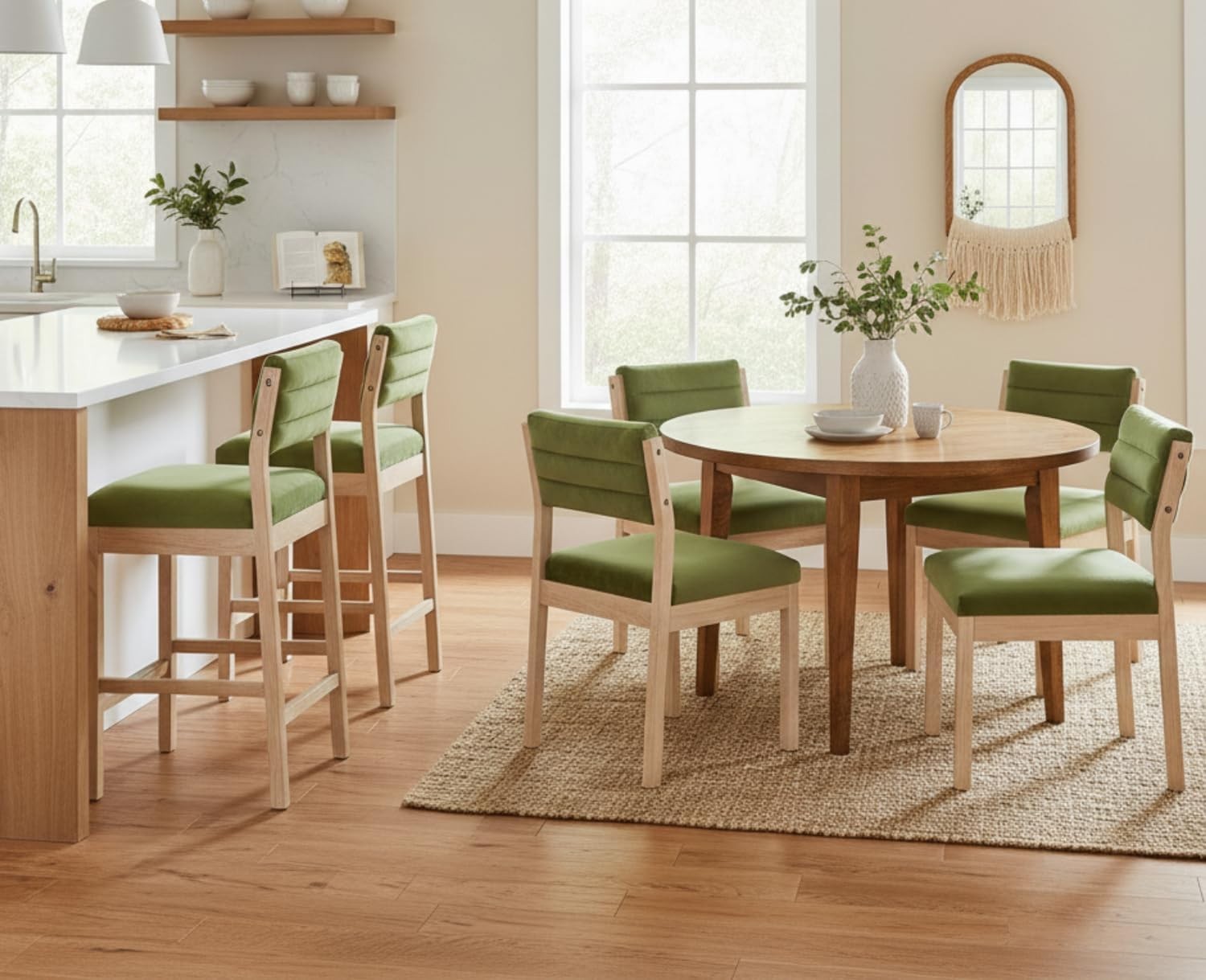 Retro Green Velvet Bar Stools Set of 2 – Wooden Leg Counter Chairs