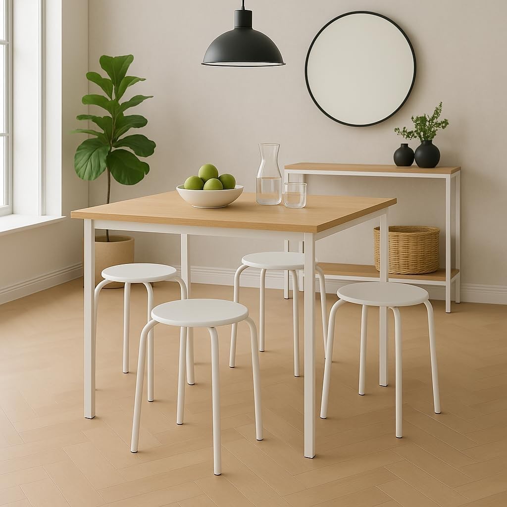Set of 6 White Metal Stacking Stools Compact Round Modern Kitchen Seats