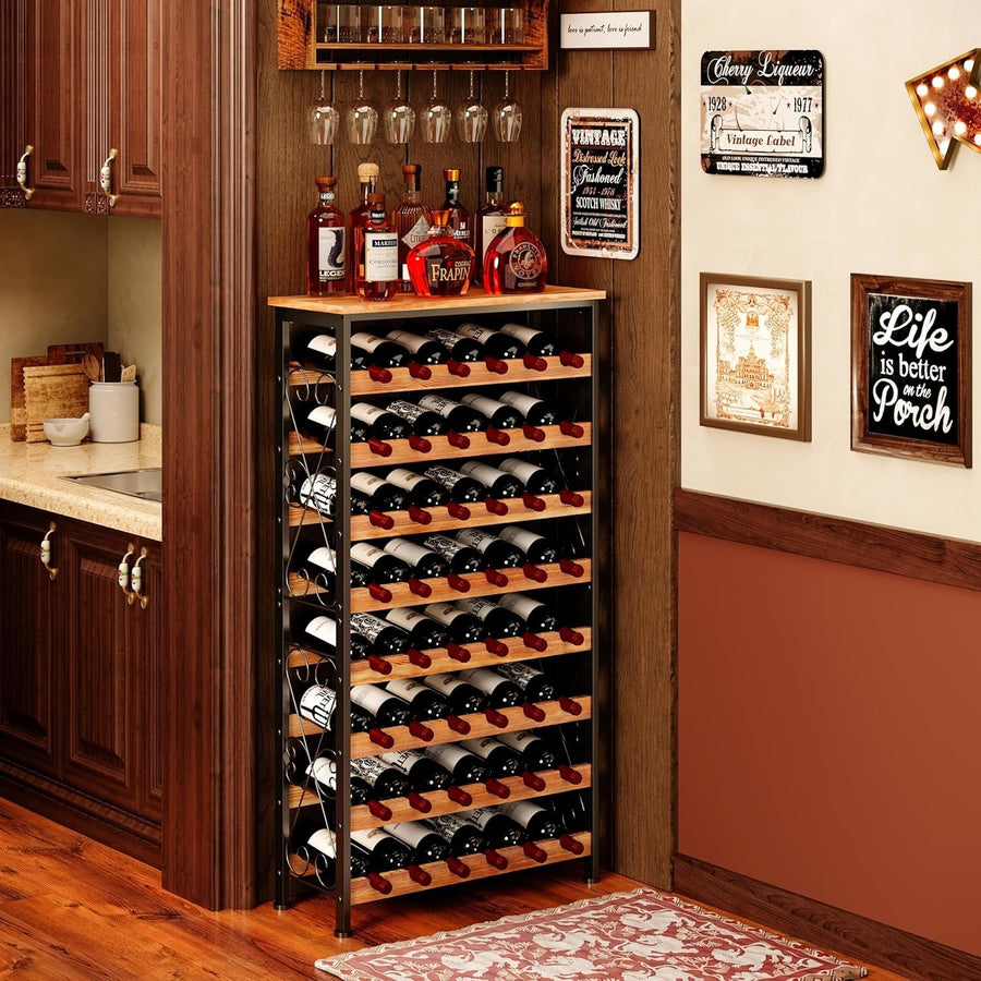 48 Bottle Wine Rack Floor Standing with Wood Top Shelf Rustic 8-Tier Storage