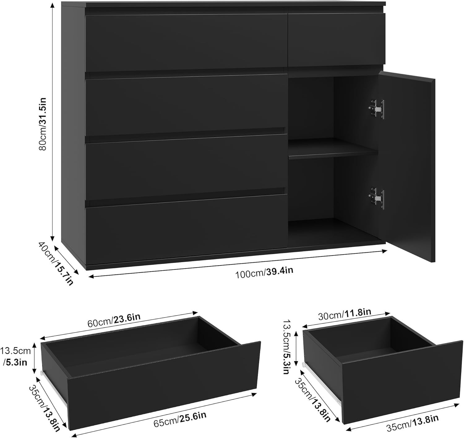 Black Chest of Drawers 5 Drawer 1 Door Cabinet Wide Storage Unit 100cm