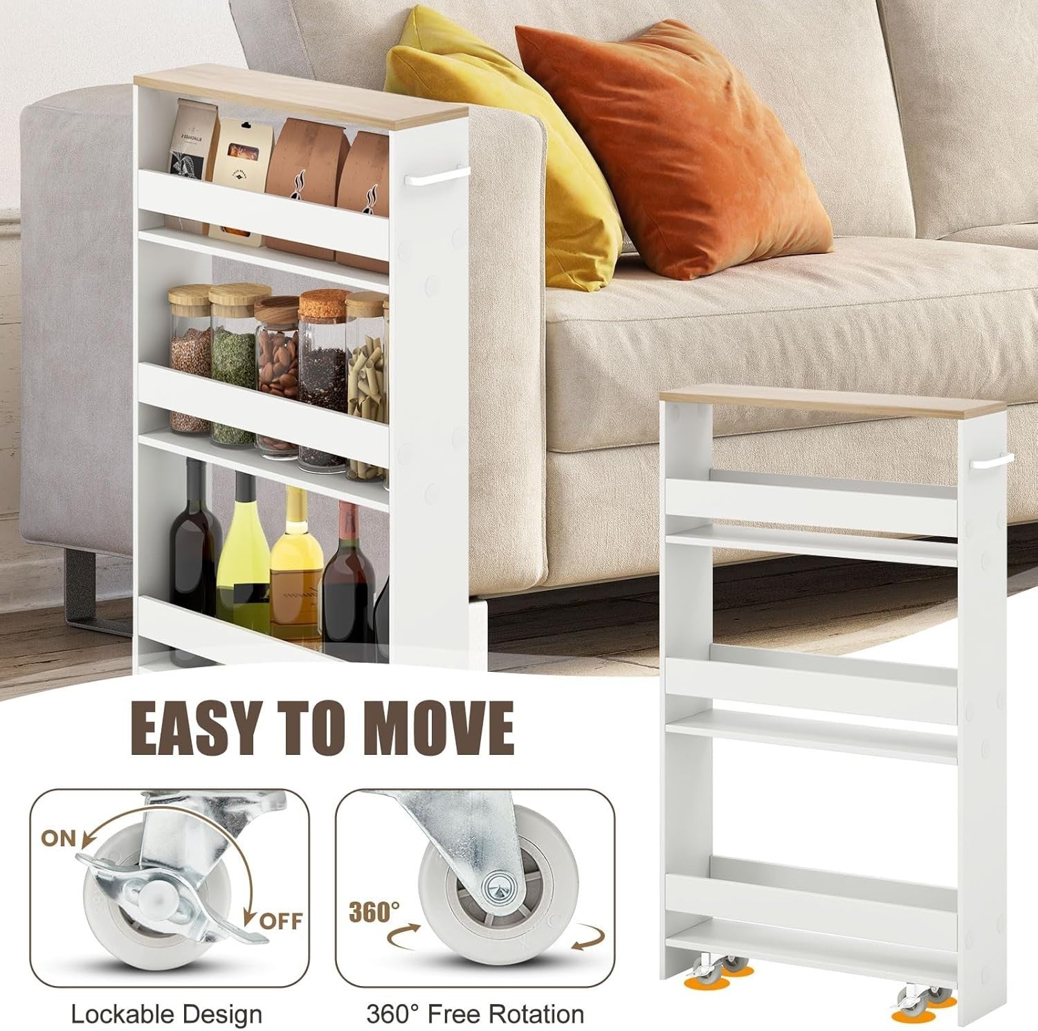 Slim 4 Tier Rolling Storage Trolley 13cm Slide Out Cart White