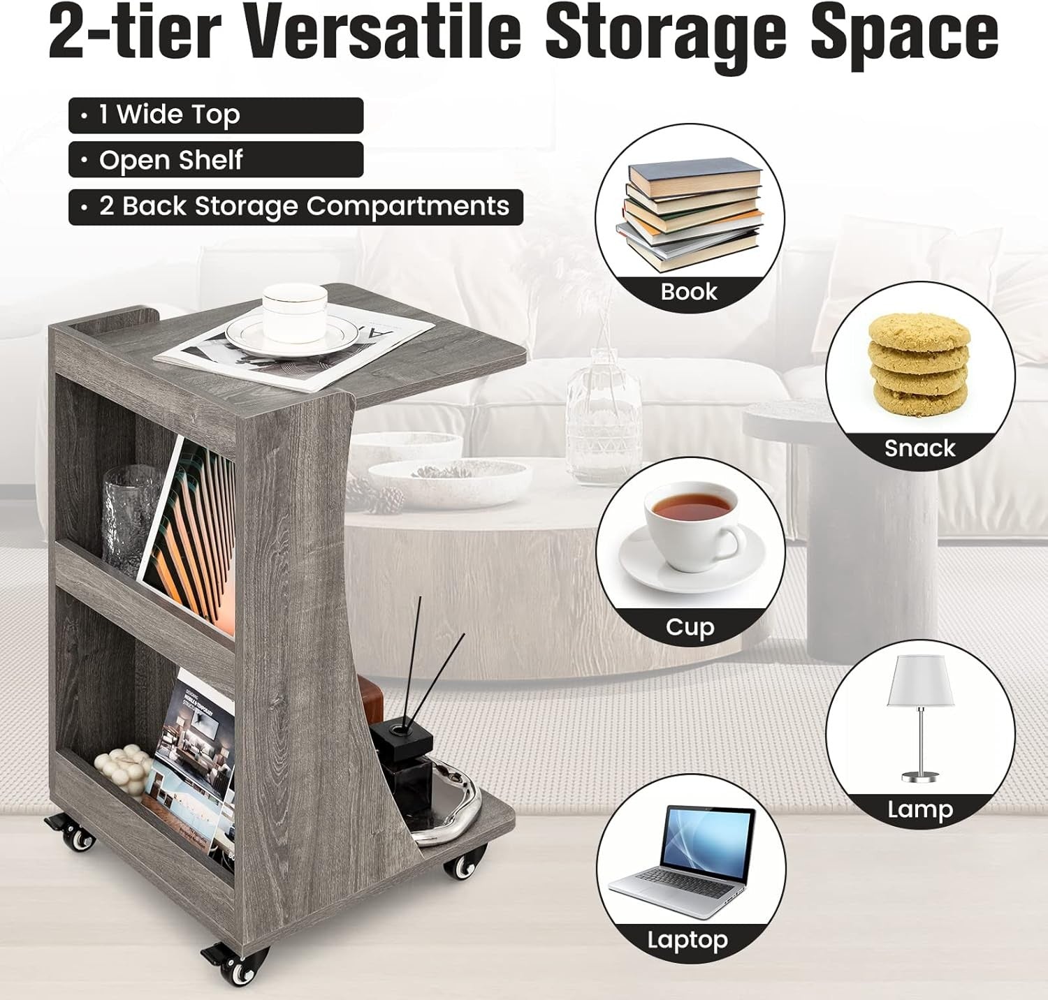 Modern C-Shaped Mobile Side Table with Wheels, Storage Shelves & Compact Design