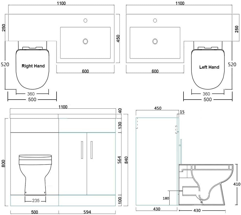 1100mm White Left Hand Vanity Unit with Basin & Back to Wall Toilet Combo Set