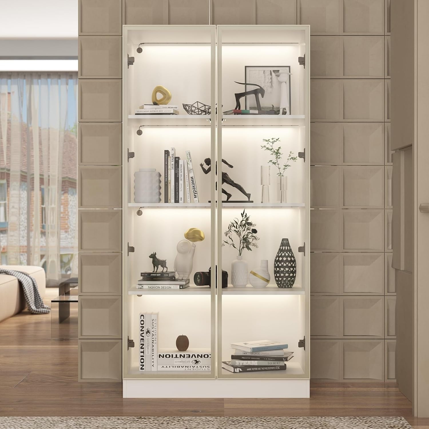Glass Display Cabinet with LED Lights, 4 Shelves, Tall Storage Unit 160x80cm
