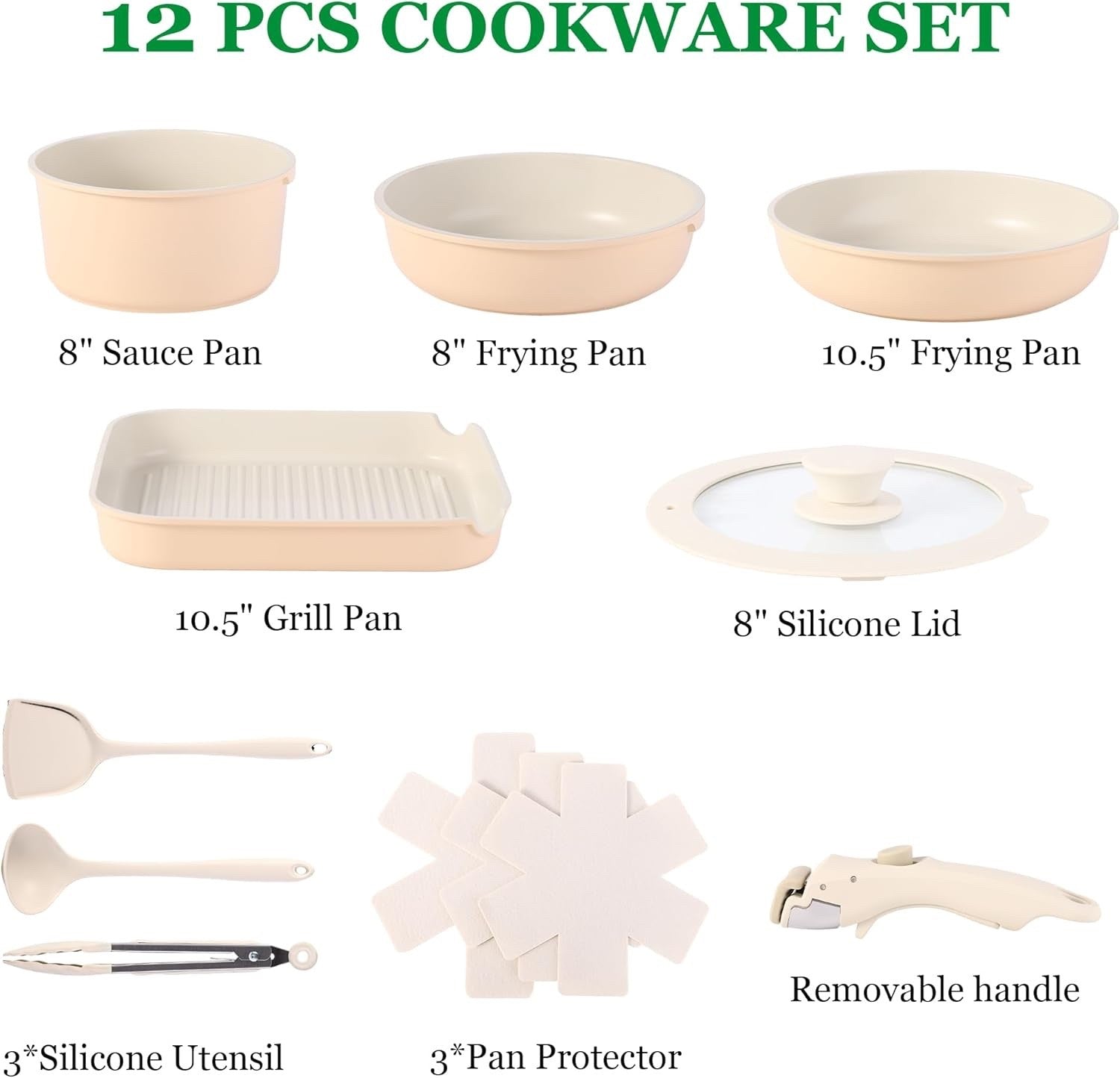 12pcs Hazelnut Non Stick Cookware Set with Detachable Handle Induction Oven Safe