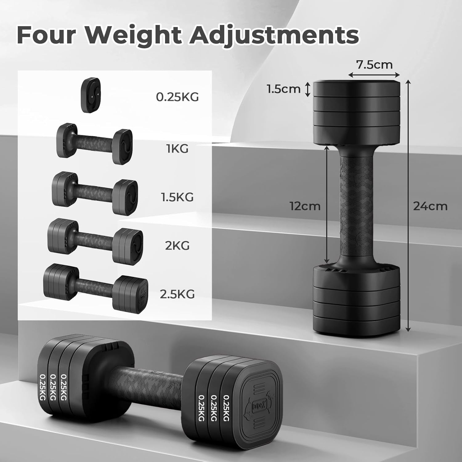 4-in-1 Adjustable Dumbbells Pair 2.5KG Compact Non-Slip Home Fitness